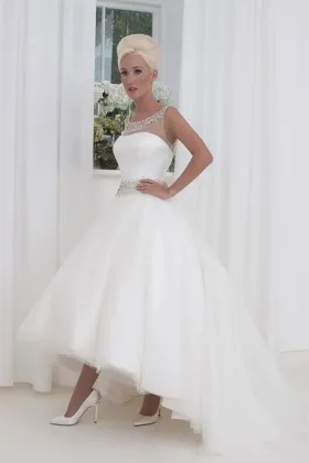 Sophisticated beaded illusion neckline open back tulle high low wedding gown