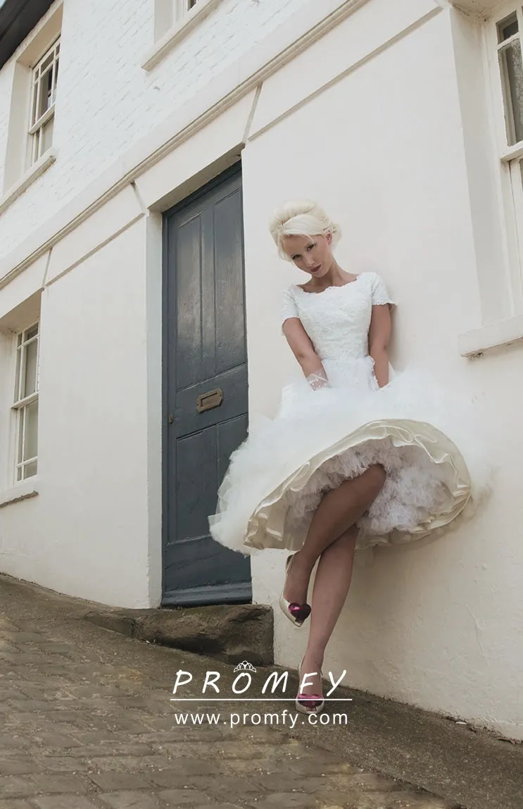 1930s vintage inspired ivory lace tea length wedding gown