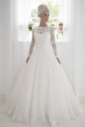 Vintage 1920s illusion lace neckline long sleeve ball gown wedding dress