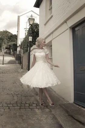1950s vintage ivory lace cap sleeve tea length bridal gown