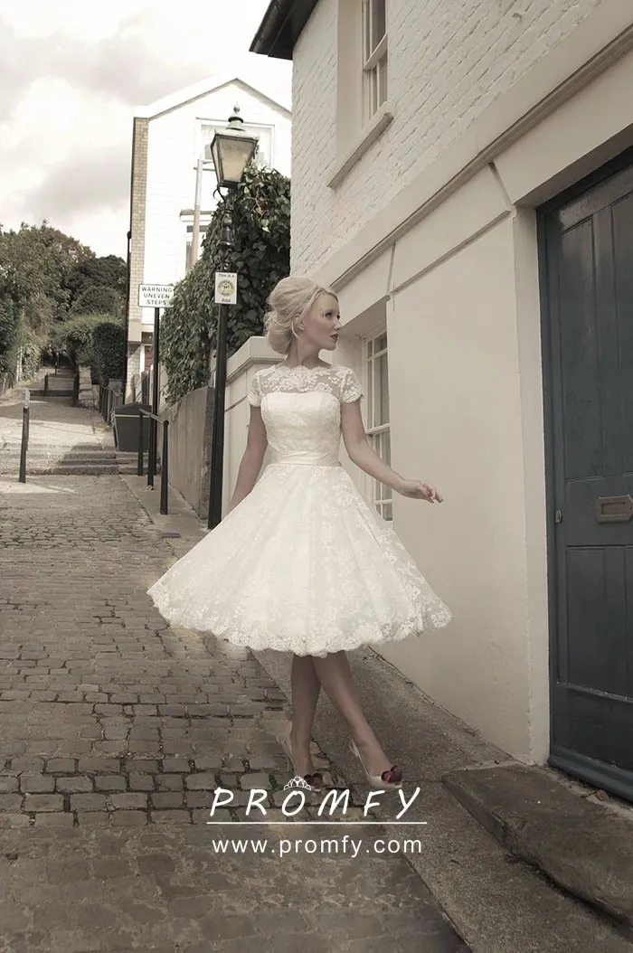 1950s vintage ivory lace cap sleeve tea length bridal gown