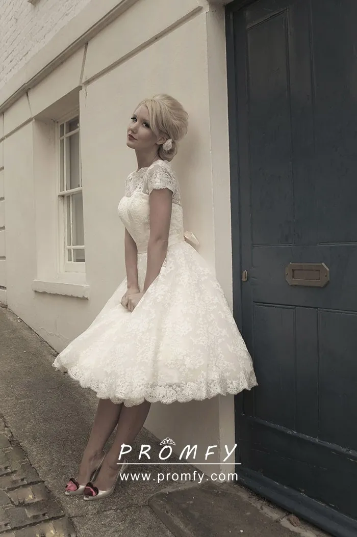 1950s vintage ivory lace tea length bridal gown