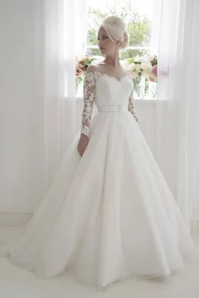 Elegant ivory tulle and lace off the shoulder long sleeve ball gown wedding dress