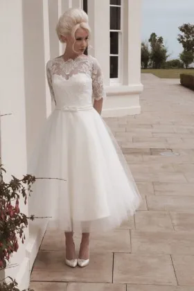 1950s vintage inspired elbow length sleeve tea length lace tulle wedding dress