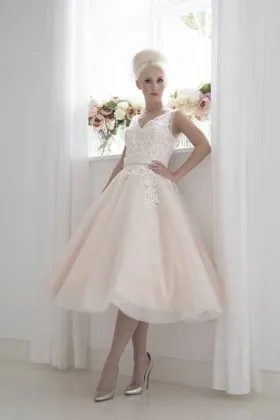 1950s vintage inspired blush illusion V neck tea length wedding dress