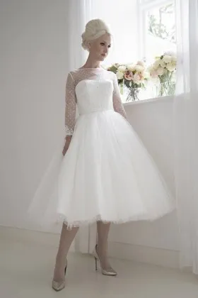 Retro Long Sleeve Tea length Full Circle Polka Dot Wedding Dress with Bow Sash