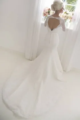 keyhole open back lace and tulle mermaid wedding dress with chapel train and 34 sleeves
