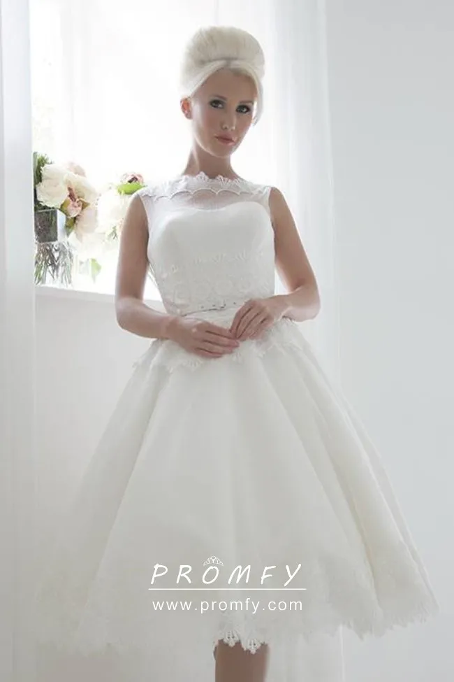 1950s vintage scalloped lace and spot tulle knee length short bridal gown