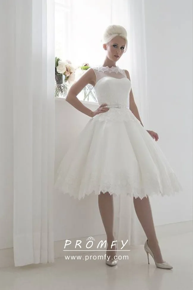 Beautiful 1950s vintage scalloped lace and spot tulle knee length short bridal gown