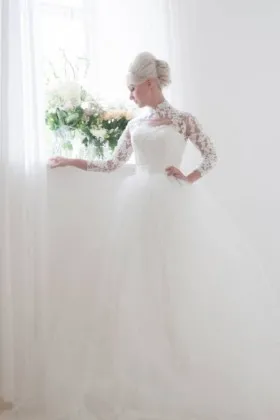 straight column lace vintage two piece wedding dress with puffy tulle overskirt