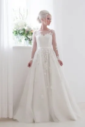Glamorous illusion lace appliqued long sleeve tulle floor length wedding gown