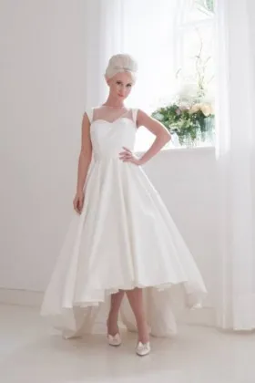 Unique high low satin wedding dress with illusion sweetheart neckline