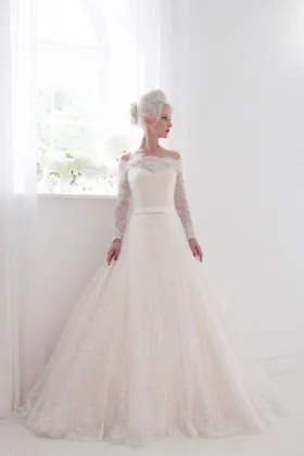 Romantic modern off the shoulder blush lace long sleeve ballgown wedding dress
