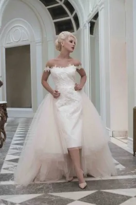 1950s vintage sheath tea length wedding dress with blush tulle overskirt