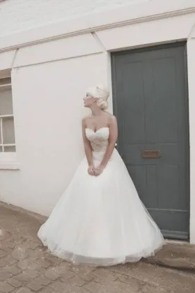 Strapless sweetheart empire waist lace and tulle puffy A line wedding dress