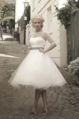 polka dot tulle illusion neckline retro satin tea length wedding dress