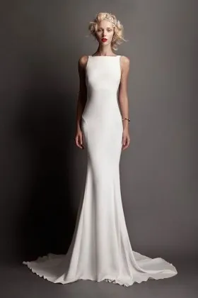 Modern simple off white satin slim mermaid floor length long wedding dress