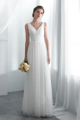 simple v neck ivory tulle a line long beach bridal dress