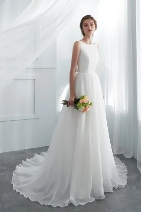 modern bateau neck a line illusion lace back bridal gown
