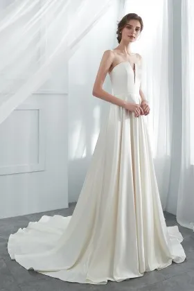 simple ivory satin v cut strapless spring wedding dress