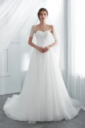 classic sweetheart neck satin tulle a line wedding dress