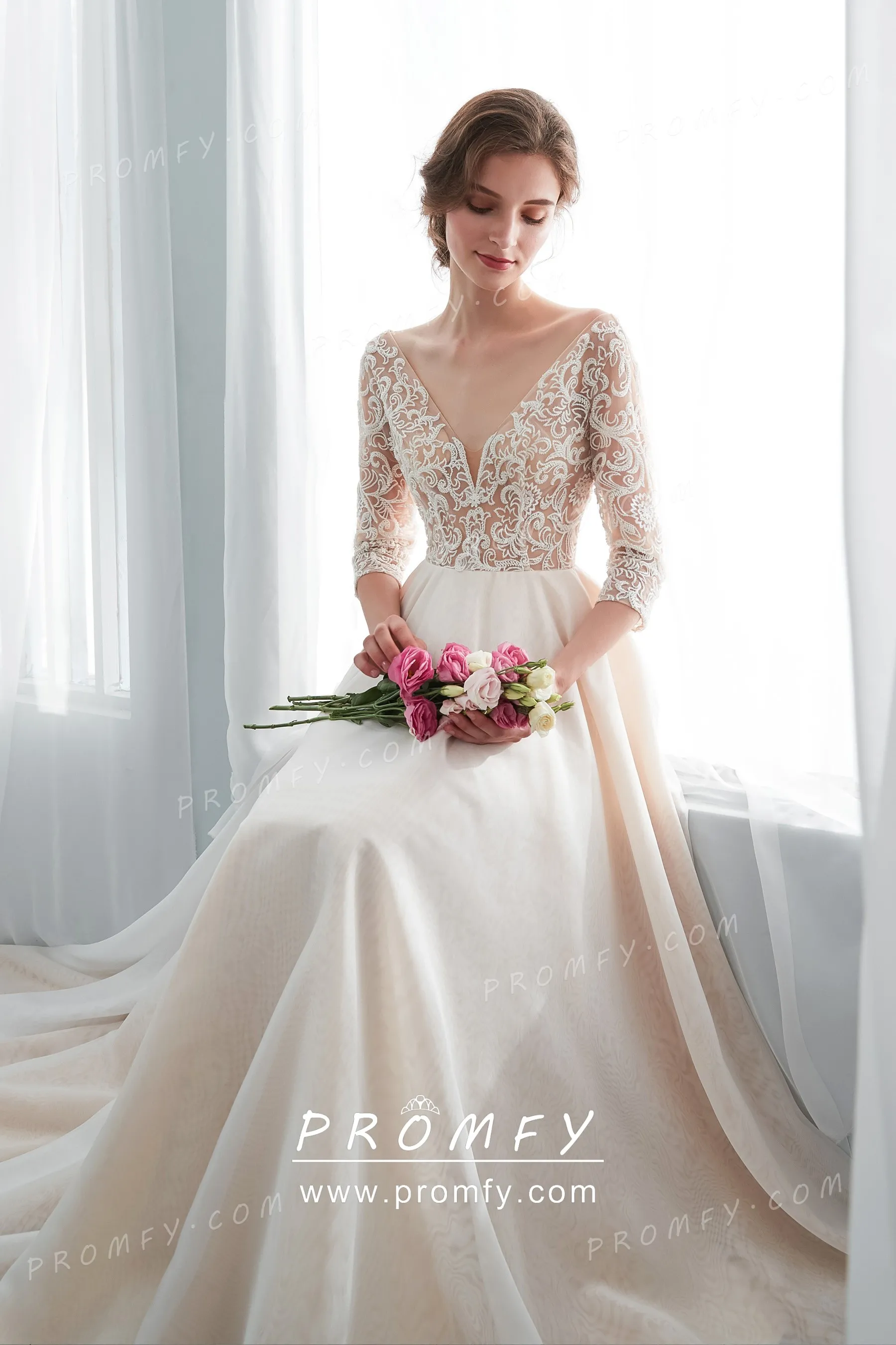 Champagne Beaded Lace 3/4 Sleeve A-line Wedding Dress - Promfy