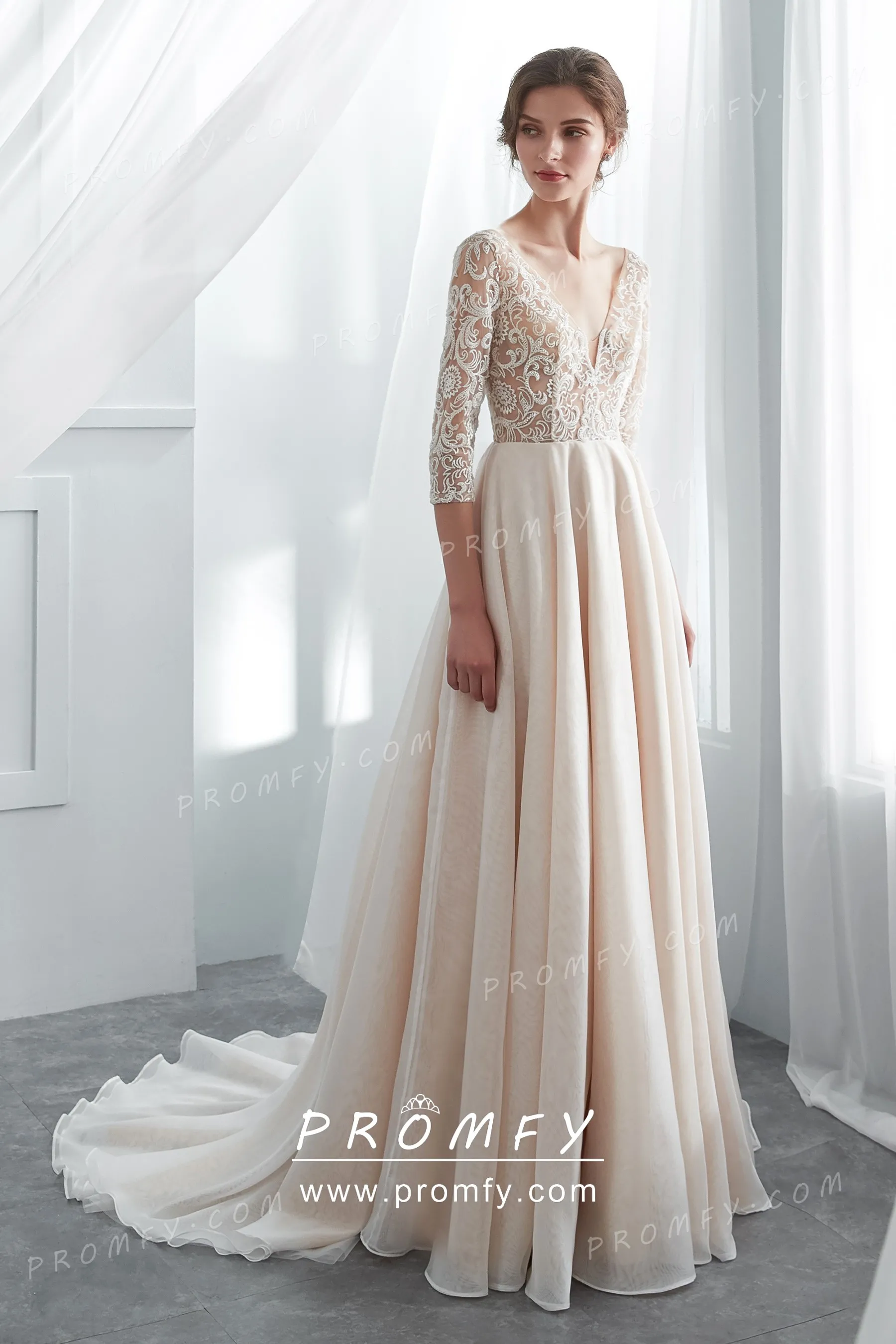 Champagne Beaded Lace 3/4 Sleeve Aline Wedding Dress Promfy