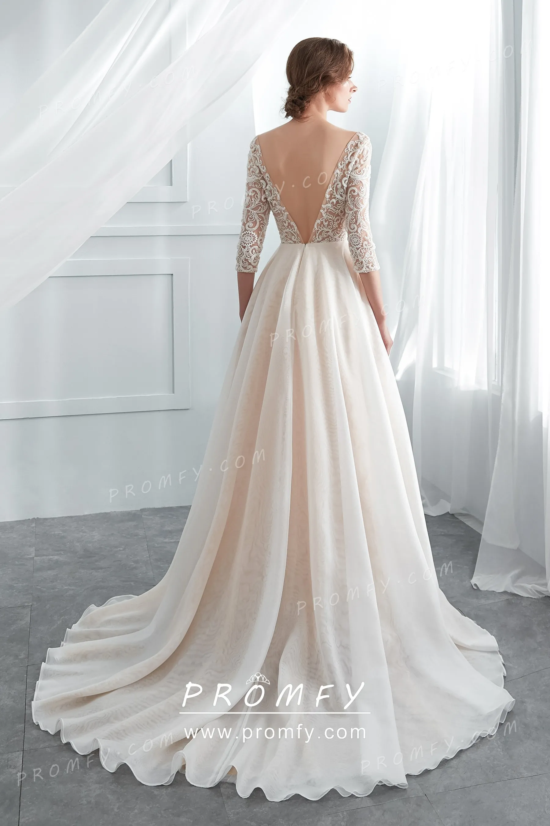 Champagne Beaded Lace 3/4 Sleeve A-line Wedding Dress - Promfy