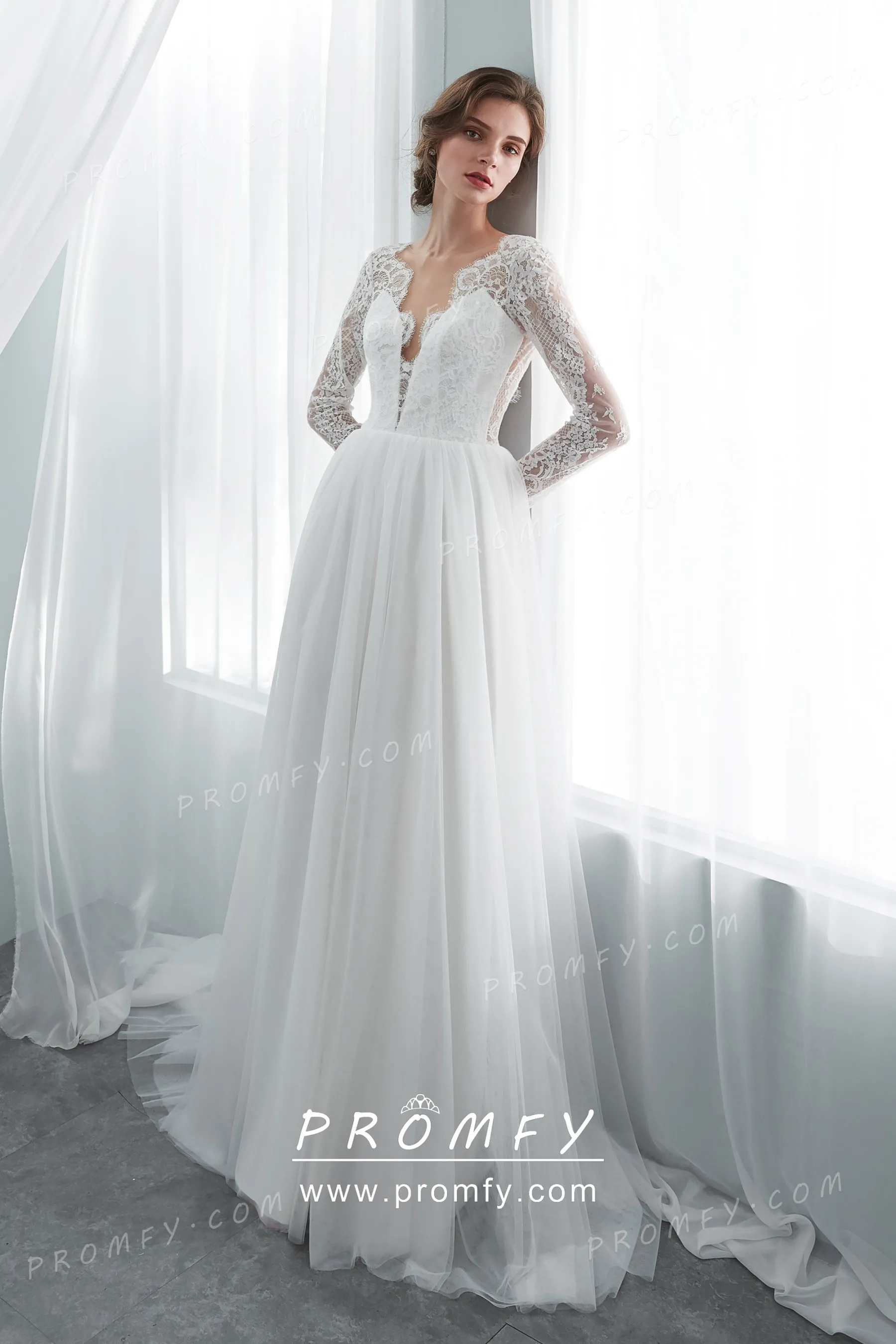 Ethereal Sleeve Lace Applique Tulle A-line Wedding Dress - Promfy