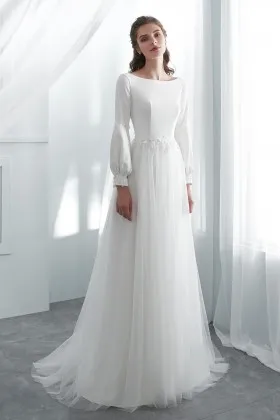 bubble long sleeve low back satin tulle cute wedding gown