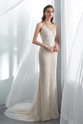 ethereal lace champagne mermaid spring wedding dress