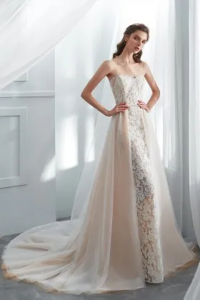 champagne lace tulle mermaid overskirt wedding gown