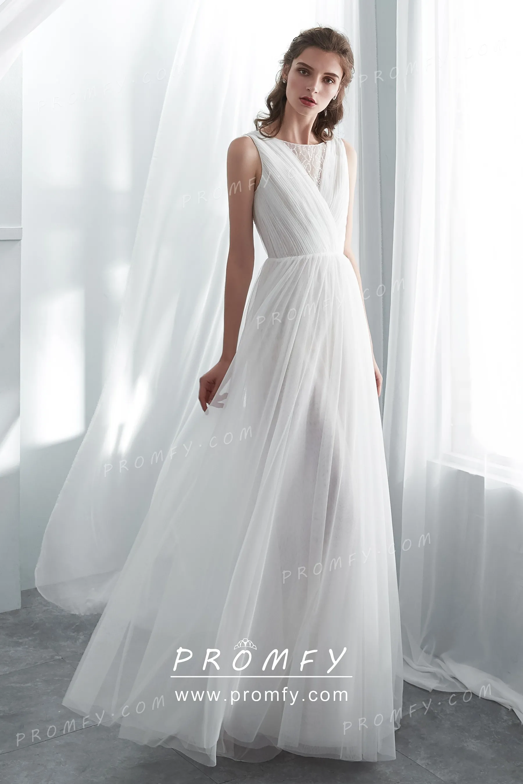 Beaded Lace Pleated Tulle Aline Casual Wedding Dress Promfy