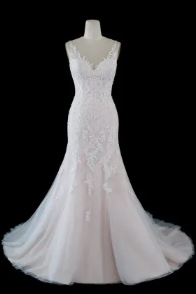 mermaid lace and tulle nude pink long wedding dress