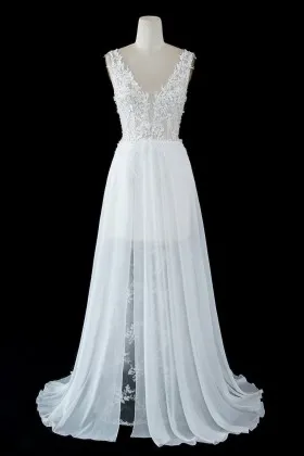 transparent white chiffon lace summer wedding dress