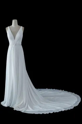 plunging V neck white chiffon long wedding dress