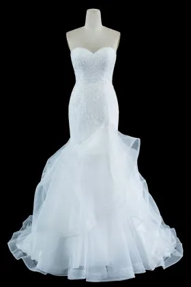 beaded lace bodice trumpet tulle skirt wedding gown
