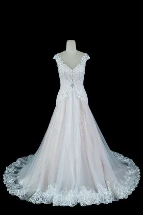 Pink Lining Lace and tulle overlay Wedding Dress