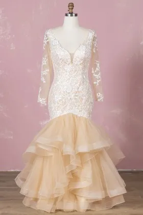 classy champagne sleeved ruffled mermaid wedding dress