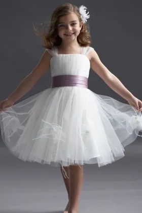 White tulle knee length short flower girl dress for little girls
