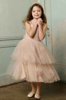 Champagne tulle layered tea length flower girl dress with flowers