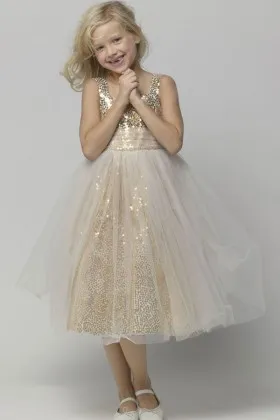 Sparkly gold sequin tea length custom flower girl dress with tulle overlay