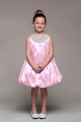 Unique beaded neckline pink satin short flower girl dress with bubble hem
