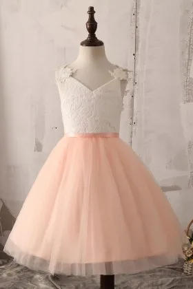 Ivory lace and peach tulle short A line flower girl dress