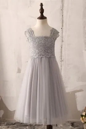 Gray lace and tulle vintage flower girl dress with cap sleeves