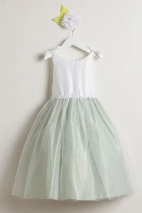 pearls embellished white and light green satin flower girl dress for kids