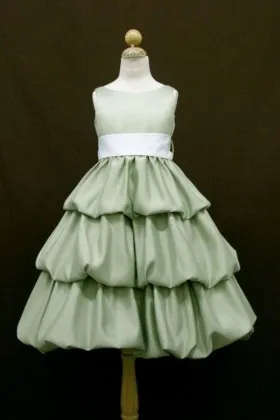 Layered sage green satin flower girl dress with bubble hem
