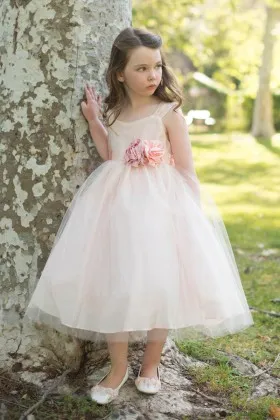 Blush pink satin and tulle flower girl dress with 3D flower on waist