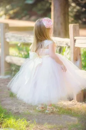 Pink tulle ball gown cute flower girl dress with 3D flower embellishment