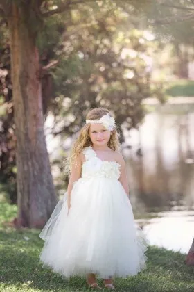Ivory floral one shoulder strap long tulle flower girl dress